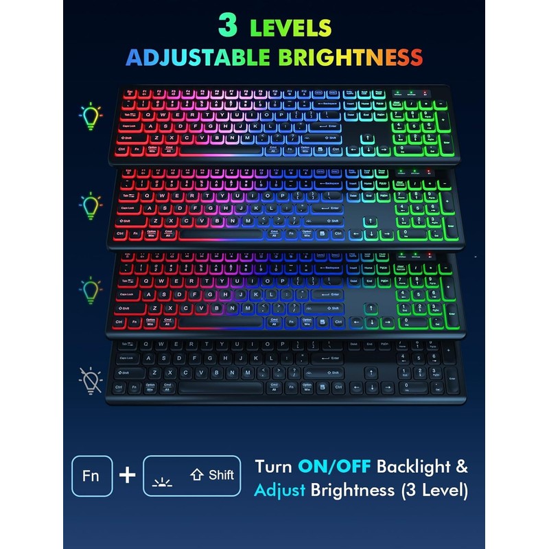 Wireless Keyboard and Mouse Combo, RGB Backlit, Rechargeable & Light
