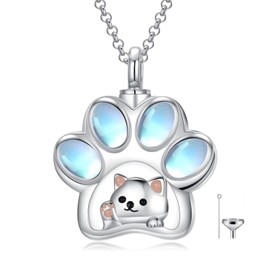 MEIDERBO Cat Urn Necklaces for Ashes 925 Sterling Silver Cat Cremation Jewelry with Funnel Filler Kit Pet Paw Moonstone Ashes Necklace for Women Pets, Sterling Silver, No Gemstone