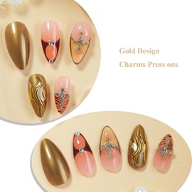 MERVF Almond Press on Nails Medium Fake Nails Brown French Tip Glue on Nails with Gradient Design 3D Gold Acrylic Stiletto Goth False Nails for Women Cross Press ons Glossy 24pcs