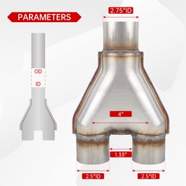 FGJQEFG T409 Stainless Steel Y Pipe 2.75'' Inch ID Single to 2.5'' Inch ID Dual Stamped Exhaust Adapter Connector, Overall Length: Approx. 10", Universal