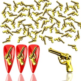 XEAOHESY 100pcs 3D Gold Metal Nail Gun Charms for Nails Pistol Shape Nail Charm for Nails Alloy Nail Stickers Nail Art Punk Accessories 3D Nail Charms for Women