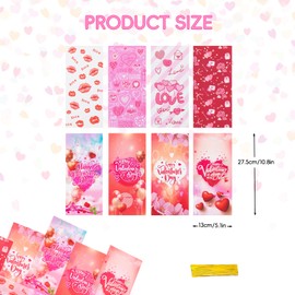 Jocomoni 100PCS Valentine's Day Cellophane Treat Bags, Plastic Valentines Goodie Candy Bag with Twist Ties Valentines Heart Treat Bags for Valentine's Day Wedding Birthday Party Favor Supply（8 Style）