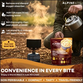 AlpineAire Foods Grilled Chicken Quattro Formaggi Pasta 3.45 Oz with Velvety Four Cheese Blend, Carrots, Broccoli & Grilled White Meat Chicken Pasta Ready to Eat 2 Servings, 430 Calories Pack of 1