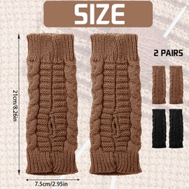 LUKIUP 2 Pairs Fashion Fingerless Gloves for Women, Winter Knitted Gloves, Warm Short Half Hand Warmers, Fingerless Gloves Knitted Mittens, Unisex, Black + Khaki
