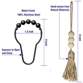 Boho Shower Curtain Rings for Bathroom Decor, Set of 12 Decorative Black Shower Curtain Hooks with Wood Beads Tassel, Silent Smooth Stainless Steel Rust Resistant Shower Rings (Black with Tassel)
