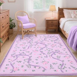 GarveeHome Coquette Purple Bow Rugs for Bedroom Girls, 5x7 Area Rugs for Living Room with Soft Low Pile, Non Slip Floral Washable Rug 5x7 for Nursery Kids Playroom Dining Room College Dorm Girl Rug