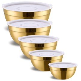 Onlycooker Gold Mixing Bowls With Airtight Lids,Stainless Steel Bowl,Salad Bowls 5 Piece Colorful Nesting Bowl Gold Kitchen Accessories,Size 5.5,3.6,2.7,2.1,1.5QT Stackable Design