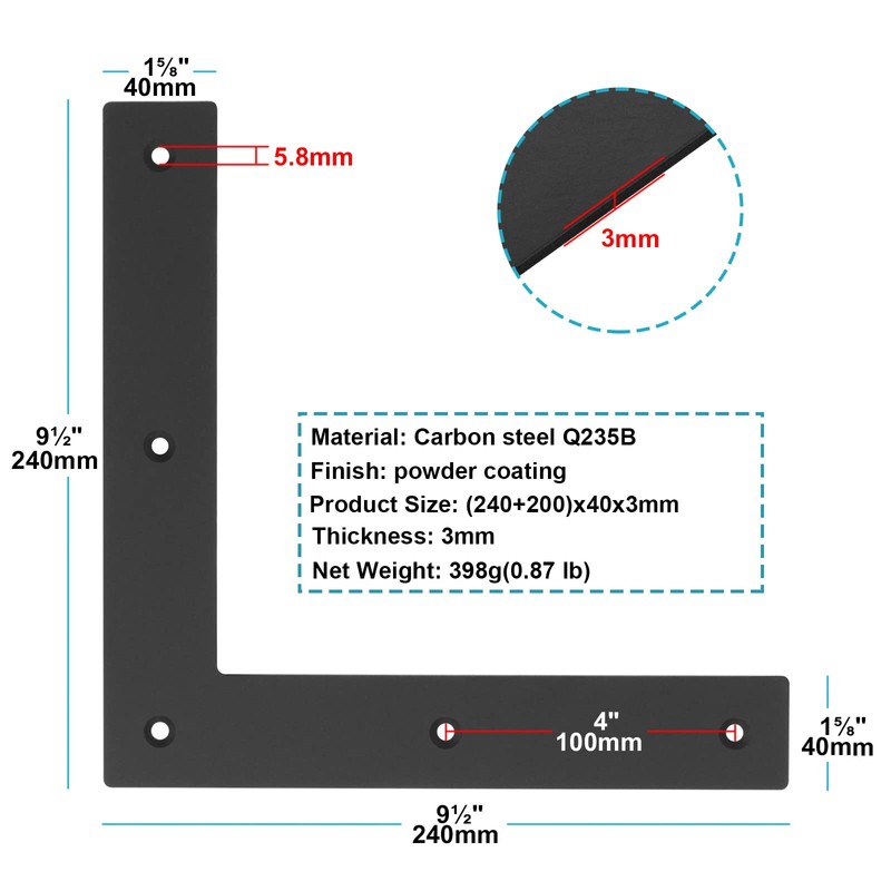 6 Pcs Black Flat L Bracket, 9½" Steel Mending Plate