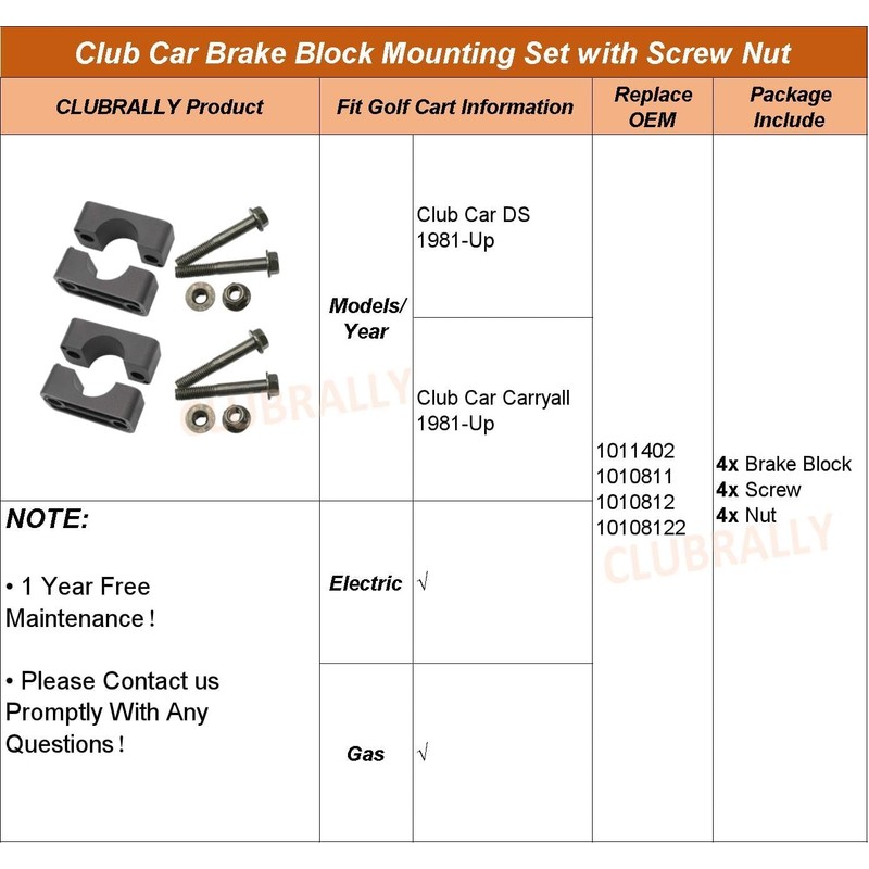 Brake Block Mounting Set with Screw Nut for Club Car
