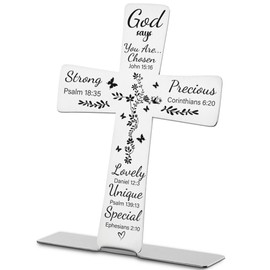 Inspirational Scripture Gifts for Women, Bible Verse Decor Gifts for Prayer Coworkers Employees Friends, Encouragement Christian Religious Stainless Steel Cross Desk Decorative Signs-DX262