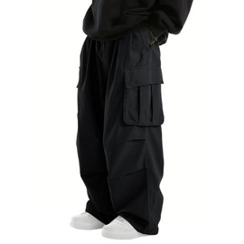 WZIKAI Men's Baggy Cargo Pants Elastic Waist Drawstring Parachute Cargo Pants Casual Loose Fit Joggers Hiking Hip Hop Pants with Pockets Black XL