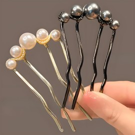 FUGSHIYI Party Wrap Comb, Set of 2, U-Pin, Pearl, Hair Ornament, Hairpin Style, Hair Clip, Bump, Kimono, Party, Wedding, Coming-of-age Ceremony, Graduation