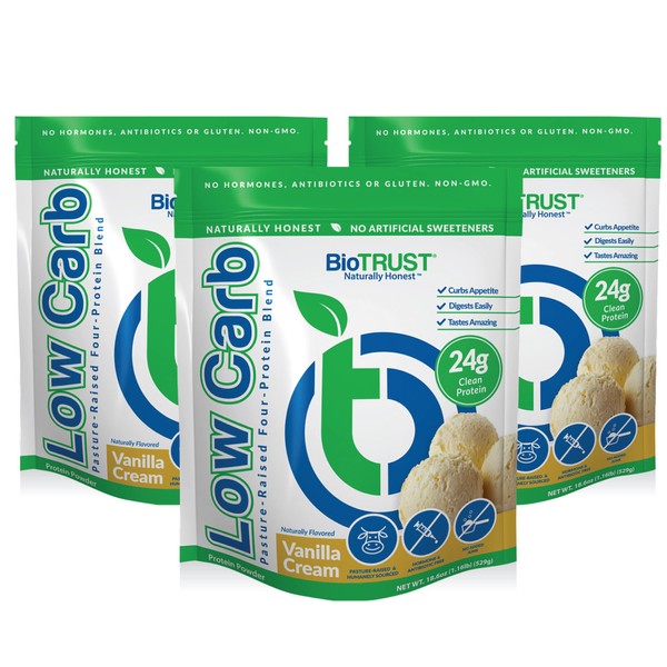 BioTrust Low Carb Natural and Delicious Protein Powder Whey and Casein Blend from Grass-Fed Hormone Free Cows, Non GMO, Soy Free, Gluten Free, Hormone and Antibiotic Free (Vanilla, 3-Pack)