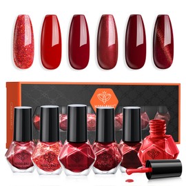 modelones Nail Polish Set 6 Colors, Ruby Rush Mini Quick Dry Nail Lacquer Kit, Burgundy Chrome Vintage Red Magnetic Cherry Mocha Cat Eye Nail Art, Classic Sparkle Glitter Red Manicure Gift for Women