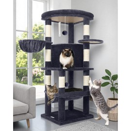 Globlazer C51 Corner Cat Tree Condo for Indoor Cats, 51in Curved Series Multi-Level Corner Cat Climbing Tower for Large Cats Adult with Hammock, Scratching Posts, Fan Top Perch, Cat Condo, Dark Grey