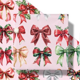 RUSPEPA Christmas Bow Wrapping Paper Roll, Mini Roll, Watercolor Holiday Bows and Holly Leaves Design, Pink Gift Wrap Paper for Girls, Women, Friends, Xmas Holiday Gifts, 17 Inches x 16.4 Feet