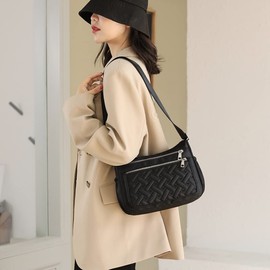 YUESITE Women's Shoulder Bag, Small Quilted Shoulder Bag with Multiple Pockets, Lightweight Waterproof Messenger Bags, Nylon Purse, Handbag, black