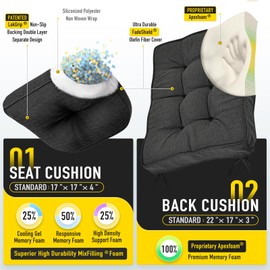 SUNROX Memory Foam Non Slip Rocking Chair Cushion, FadeShield Water Resistant Thicken Durable Tufted Pads, Set of Seat & Back Cushion with Ties for Indoor/Outdoor Rocker, 2 Piece, Midnight