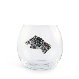Vagabond House Pewter Horse Stemless Wine Glass, Hand-Blown Crystal, Equestrian Style, 3.25" Tall, 8 oz Capacity, Ideal for Red or White Wine, Unique Ranch Decor – Sold as Single Glass