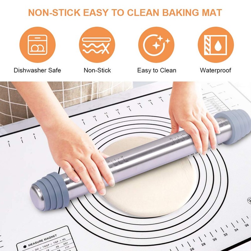 Rolling Pin Dough Roller Stainless Steel with 4 Silicone Guide