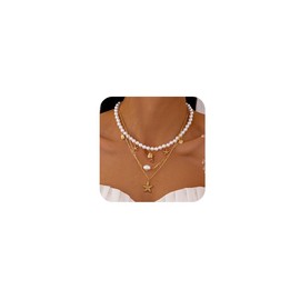 Missgrace 3 Tier Vintage Boho Retro Layered Dainty Summer Seashell Beach Starfish Shell Necklace Star Beach Accessories Choker Necklace for Women