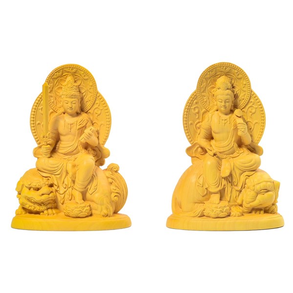 Shrouou Sculpture Buddha Statue Fugen Bodhisattva Manjusattva Wood Carved Figurine Set of 2 - Best Luck Zodiac Amulet Feng Shui Praying Evil Protection (Height 4.7 x Width 3.4 x Depth 2.2 inches (12 cm) x Width 3.4 inches (5.6 cm)