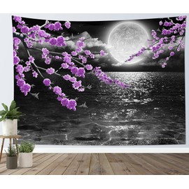 LB Small Full Moon Over Ocean Tapestry Wall Hanging, Purple Japanese Cherry Blossom Wall Tapestry, Fantasy Asian Scenery Tapestry for Bedroom Living Room Dorm Home Decor, 60 x 40 Inches
