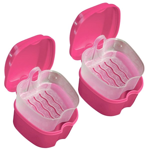 HAMILO Denture Case, Denture Box, Clean, Double Layer Construction, Compact, Set of 2 (Pink)