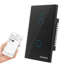 Smartyuns WiFi Smart Light Switch, Tempered Glass Panel Touch Light Switch 2 Gang, US Standard Modern Wall Touch Switch, Timer Function, Single Pole Switches (2 Gang Light Switch Black)