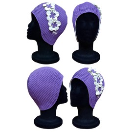 CHEX Lucca Waffle Bubble Single Colour Floral Ladies Classic Retro 3 Flower 2 Colour Row 3D Petal Stylish Vintage Swimming Hat Swim Cap Average One Size Adults (Purple/White)