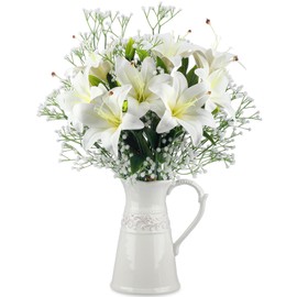 Giegxin 18 Pcs Artificial Tiger Lily Flowers Easter Lily Real Touch Lily White Latex Faux Lilies with Fake Babys Breath Flowers Artificial Gypsophila Flowers for Easter Home Church Wedding Decoration