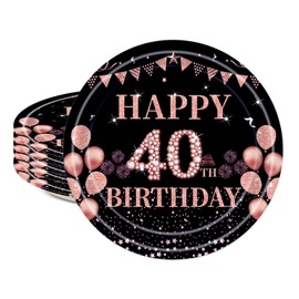 16pcs Black Rose Gold 40th Birthday Paper Plates 9inch 40th Party Table Decor,40th Women Birthday Party Paper Plates 9" Tableware,Happy 40th Birthday Tableware Plate for Her,Women,40th Party Supplies