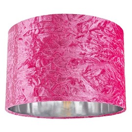 Modern and On-Trend Bright Pink Crushed Velvet Fabric 12" Table or Pendant Circular Drum Lampshade with Shiny Silver Inner - 60watt Maximum | Perfect for Residential or Commercial by Happy Homewares