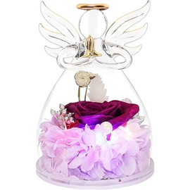 Preserved Flower Rose Gifts in Glass Angel Figurines,Birthday Gifts for Women, for Mom,Angel Rose Gifts for Her,Mom Gifts from Daughter,Red Real Rose Gifts for Grandma Wife - Color: Purple With Light