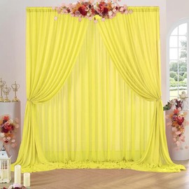 MDS - 2 Panels 5ft x 7ft Chiffon Photo Drapes Two Pages Curtain Voile Sheer Glimmer Wrinkle Free Photography Backdrop Backgrounds for Wedding Arch Ceremony Party Stage Decoration - Yellow