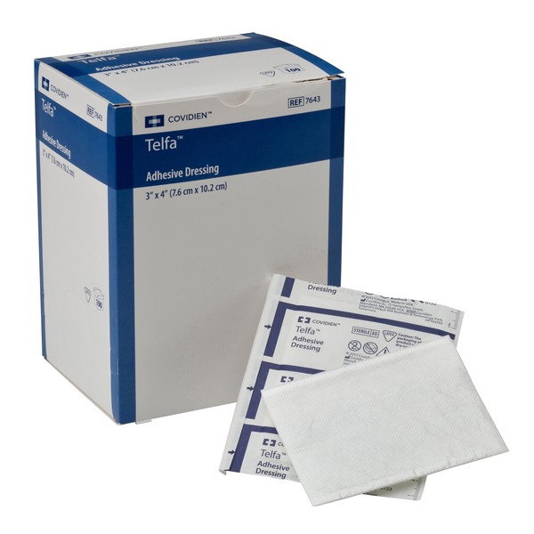 Covidien 7643 Telfa Adhesive Dressing, Sterile 1's Peel-Back Package, 3" x 4" Size, Pack of 100