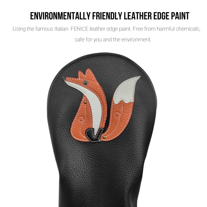 Golf Driver Head Cover with Fox Design, Black Leather, Protective
