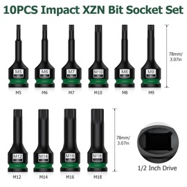 JiGiU 10PCS 1/2" Drive Impact XZN Bit Socket Set Spline Socket set Square Socket Sets M5, M6, M7, M8, M9, M10, M12, M14, M16, M18 with Storage Case for Professional Mechanic and Auto Repair