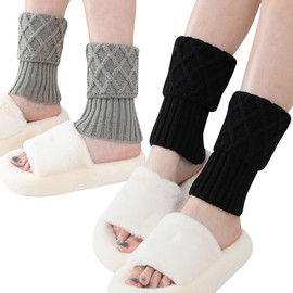 GSHLLO 2 Pairs Winter Warm Boot Cuff Short Crochet Leg Warmers Knitted Ankle Warmers Boot Cuffs Topper Socks Light Grey Black