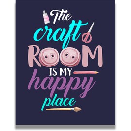 Govivo The Craft Room Is My Happy Place - A Cute Craft Room Wall Art Decor Print with a dark blue background - unframed artwork printed on photograph paper