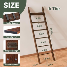 AJLS 6-Tier Blanket Ladder for Living Room, 5.6FT Pine Wood Quilt Rack with 4 Anti-Slip Straps and 4 Removable Hooks, Lightweight, Easy Assembly, Hinged Design, Farmhouse Decorative Shelf