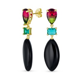 Unique Geometric Linear Black Pink Green Turquoise Rhombus Teardrop Rectangle Multi Shape CZ & Natural 3 Multi-tier Gemstone Party Dangling Statement Earrings in 14K Yellow Gold Plated, Gemstone Cubic