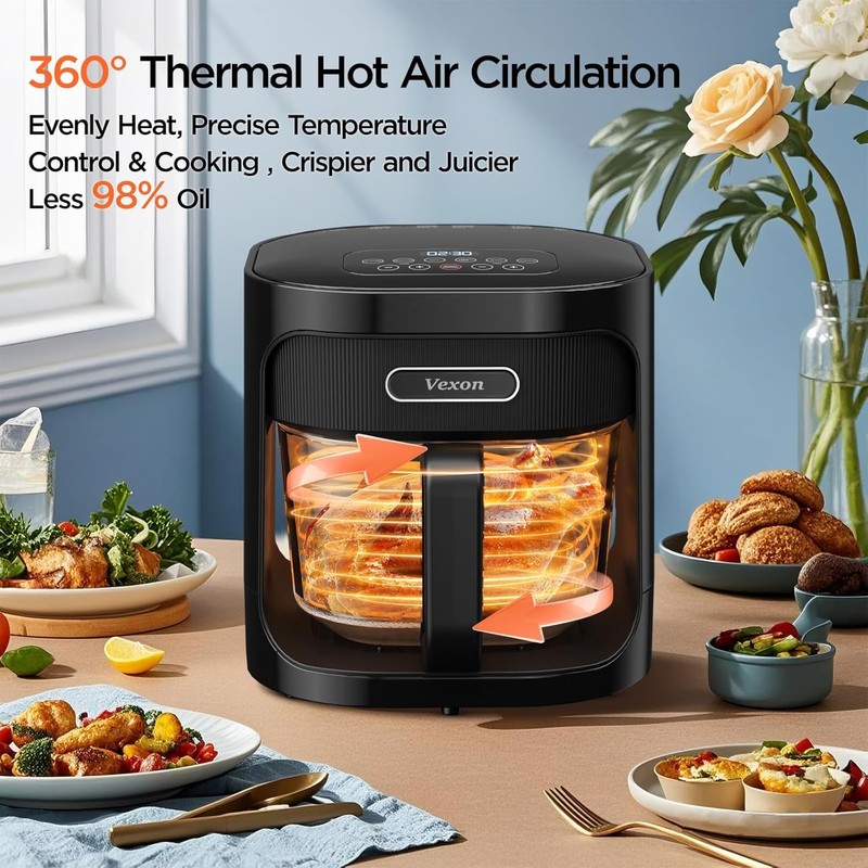 4.5QT Large Air Fryer – See-Through Glass, 360° Hot Air