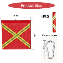 Safety Flags for Trucks 18 x 18 Inch, 4 Pack Red Mesh Flag with Wire Loop and Bonus Snap Hook, Single-Sided Fluorescent Cross Strip for Trailer Towing and Truck Net Safety