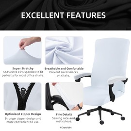 Stretch Computer Office Chair Cover with Armrest Covers Durable Zipper Universal Washable Removable Spandex Rotating Boss Chair Slipcovers Anti-dust Soft Desk Chair Seat Protector, White