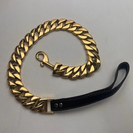 DO&G Gold Plated Cuban Link Chain 3 Ft Leash Xtra Large Dog Leather Handle Heavy Duty
