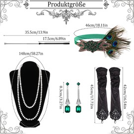 Livdouyu Pack of 7 Women's 20s Costume, 20s Accessories, 20s Dress Accessories, Peacock Feather Headpiece, Gloves, Pearl Necklace, Hand Clip and Earrings