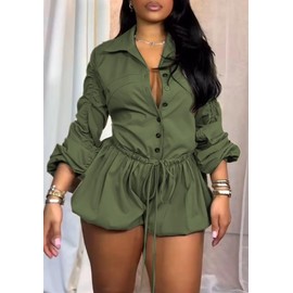 Tbahhir Women Summer Rompers Drawstring Long Sleeve Bubble Cargo Shorts Jumpsuit Casual One Piece Outfits Overalls