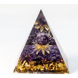 Amethyst and Lepidolite Lotus Pyramid Crystal | Orgone Pyramid | Crystal Orgonite | Meditation | Reiki | Energy Generator | EMF Protector (Amathyst)