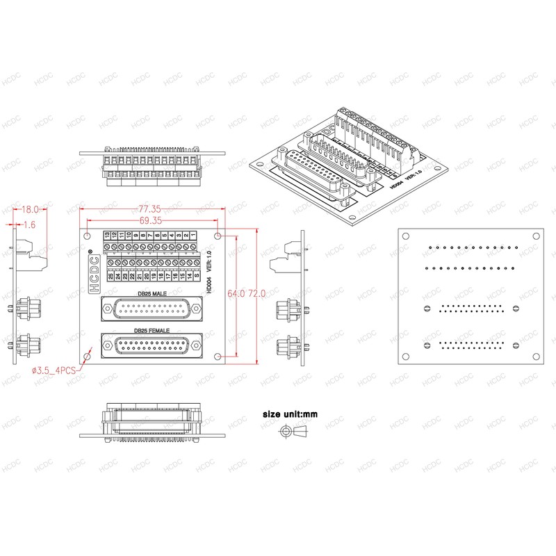 D-SUB Male-Female Breakout Board Terminal Block Interface Module (DB25)